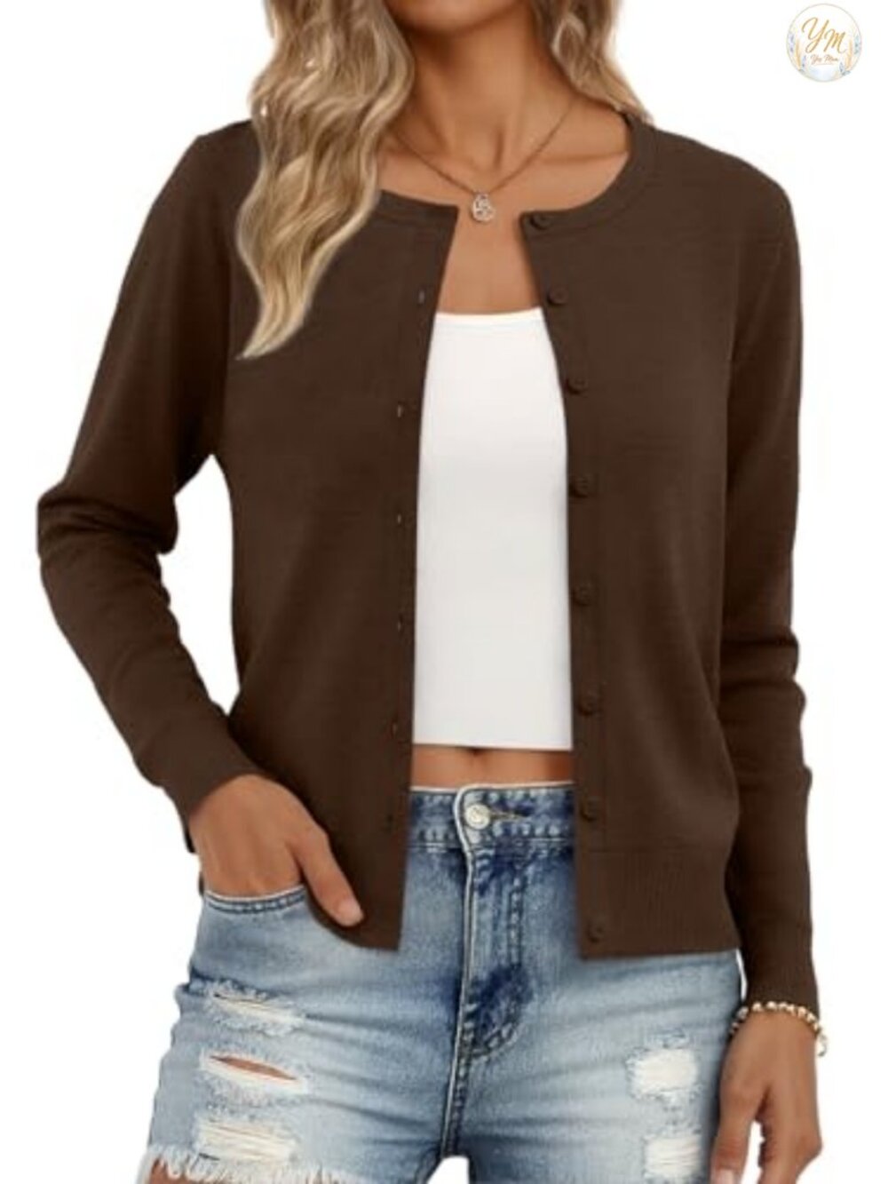 Womens Lightweight Knit Cardigan Button Crew Neck Long Sleeve Sweater